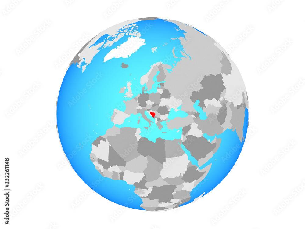 Bosnia and Herzegovina on blue political globe. 3D illustration isolated on white background.