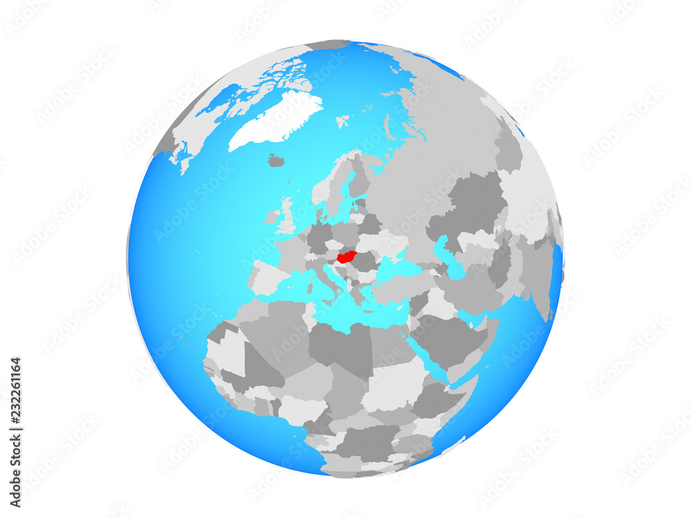 Hungary on blue political globe. 3D illustration isolated on white background.