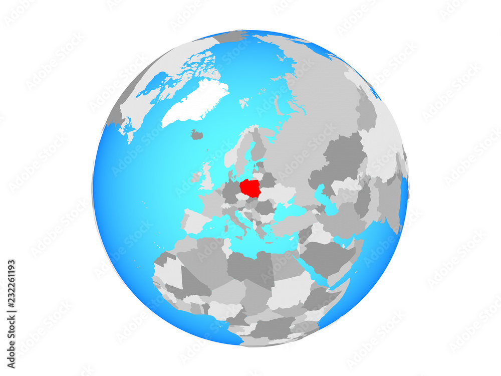 Poland on blue political globe. 3D illustration isolated on white background. Poland on blue political globe. 3D illustration isolated on white background.