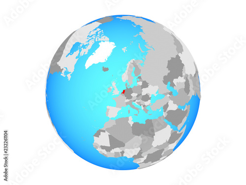 Netherlands on blue political globe. 3D illustration isolated on white background.