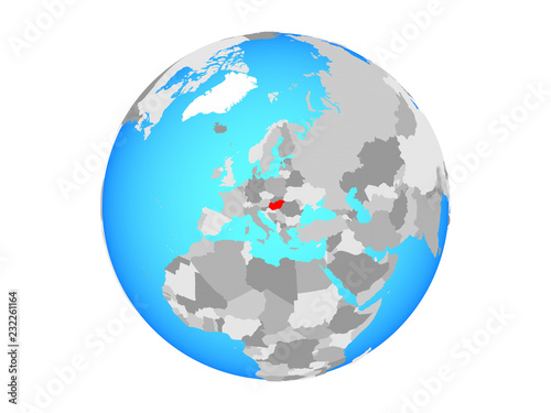 Hungary on blue political globe. 3D illustration isolated on white background.