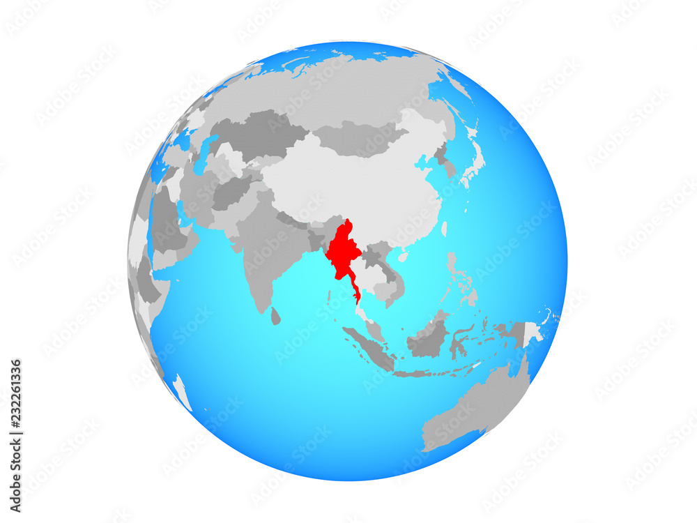 Myanmar on blue political globe. 3D illustration isolated on white background. Myanmar on blue political globe. 3D illustration isolated on white background.