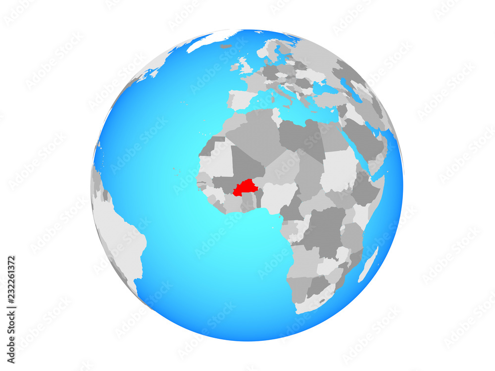 Burkina Faso on blue political globe. 3D illustration isolated on white background.