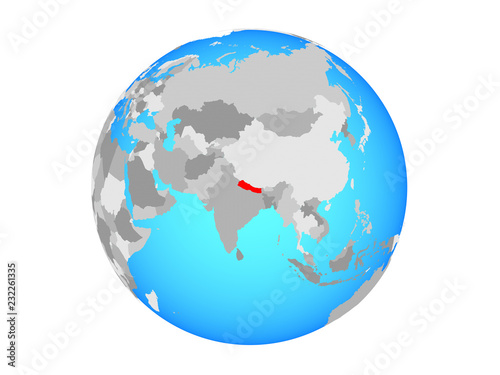 Nepal on blue political globe. 3D illustration isolated on white background.