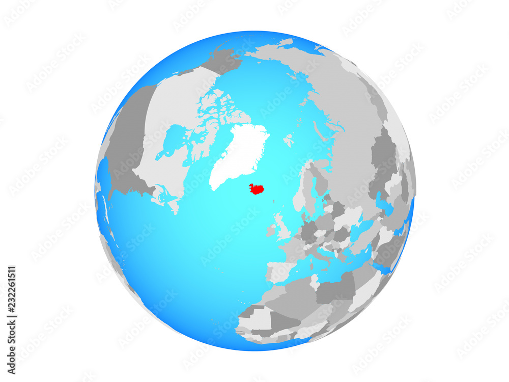 Iceland on blue political globe. 3D illustration isolated on white background.