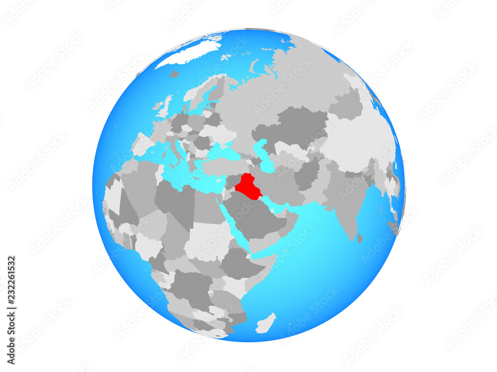 Iraq on blue political globe. 3D illustration isolated on white background.