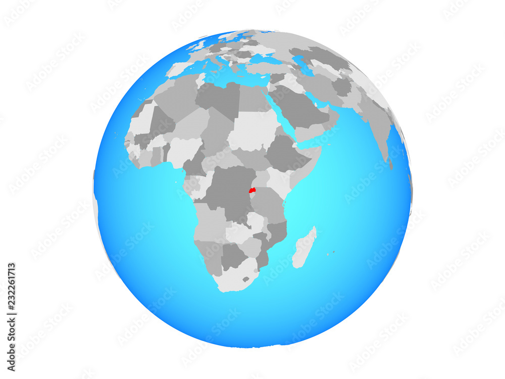 Rwanda on blue political globe. 3D illustration isolated on white background.