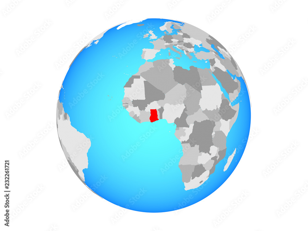 Ghana on blue political globe. 3D illustration isolated on white background.