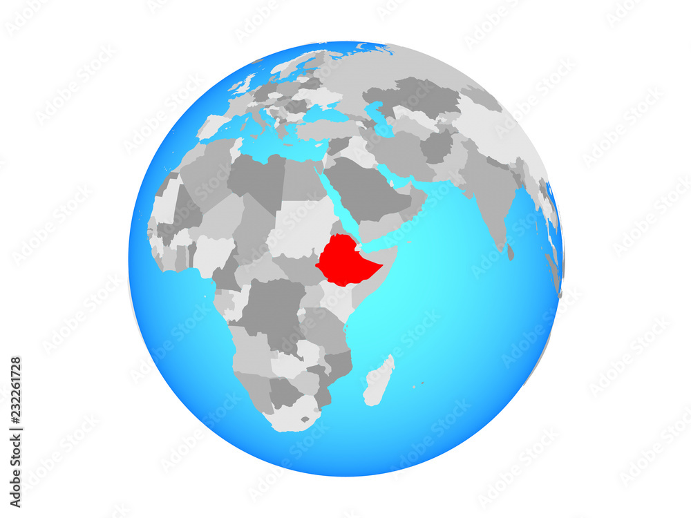 Ethiopia on blue political globe. 3D illustration isolated on white background.
