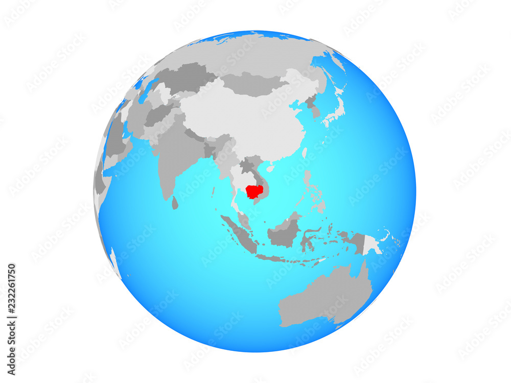 Cambodia on blue political globe. 3D illustration isolated on white background. Cambodia on blue political globe. 3D illustration isolated on white background.