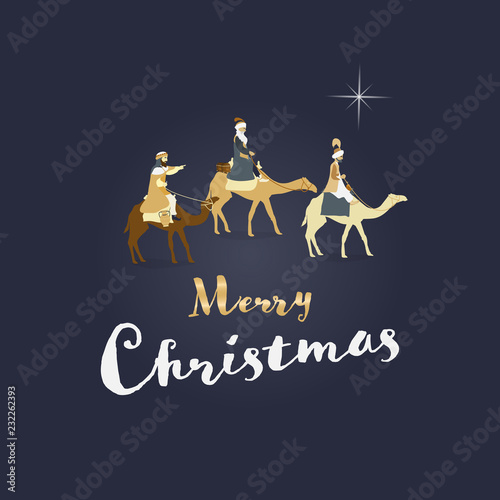 Christmas time. The three kings follow the star to Bethlehem. Text : Merry Christmas