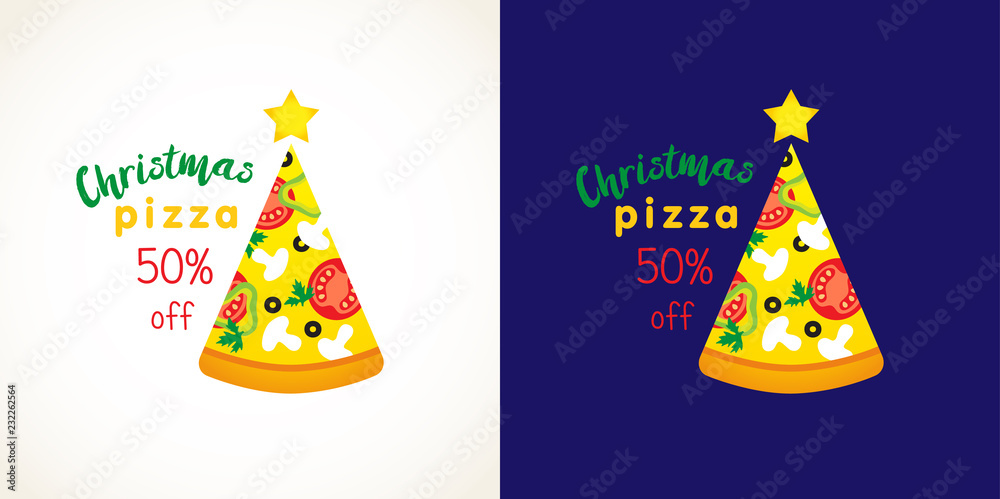 Fototapeta Pizza sale elements. White and dark blue background, type inscription. Decoration graphic typescript of discount -50%. Greeting design template, isolated abstract letters and numbers. Coloured 50% off