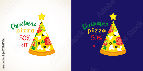 Pizza sale elements. White and dark blue background, type inscription. Decoration graphic typescript of discount -50%. Greeting design template, isolated abstract letters and numbers. Coloured 50% off
