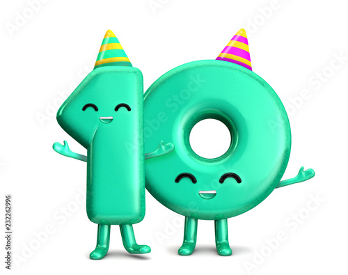 Photos Happy 10th Birthday cute party character with hat. 3D Rendering