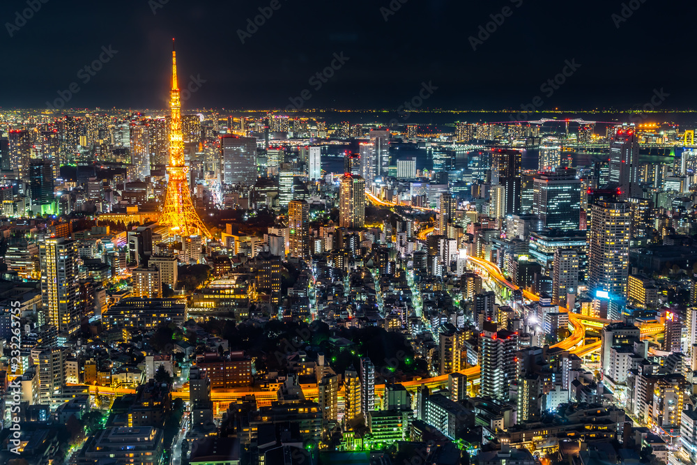 tokyo tower and city skyline under blue night