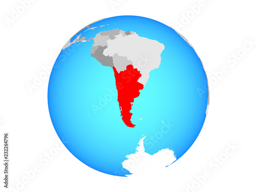 Southern Cone on blue political globe. 3D illustration isolated on white background.