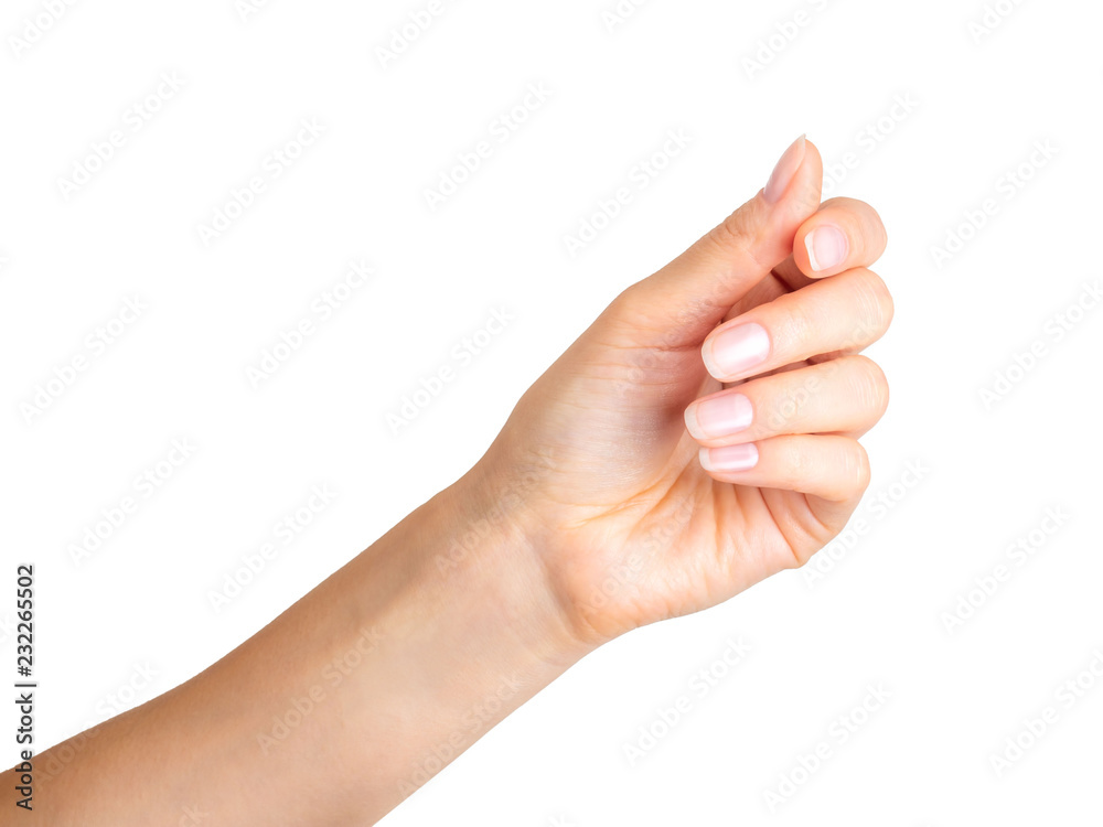 Woman hand holding something with three fingers