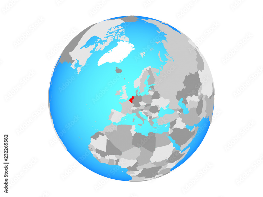 Benelux Union on blue political globe. 3D illustration isolated on white background.