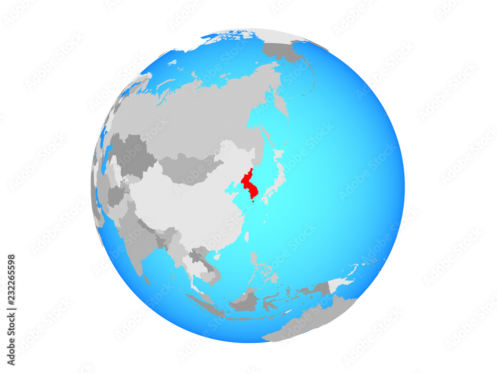 Korea on blue political globe. 3D illustration isolated on white background.