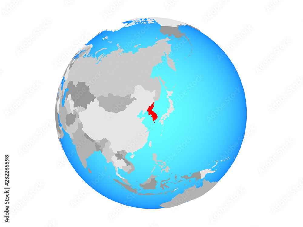 Fototapeta premium Korea on blue political globe. 3D illustration isolated on white background.