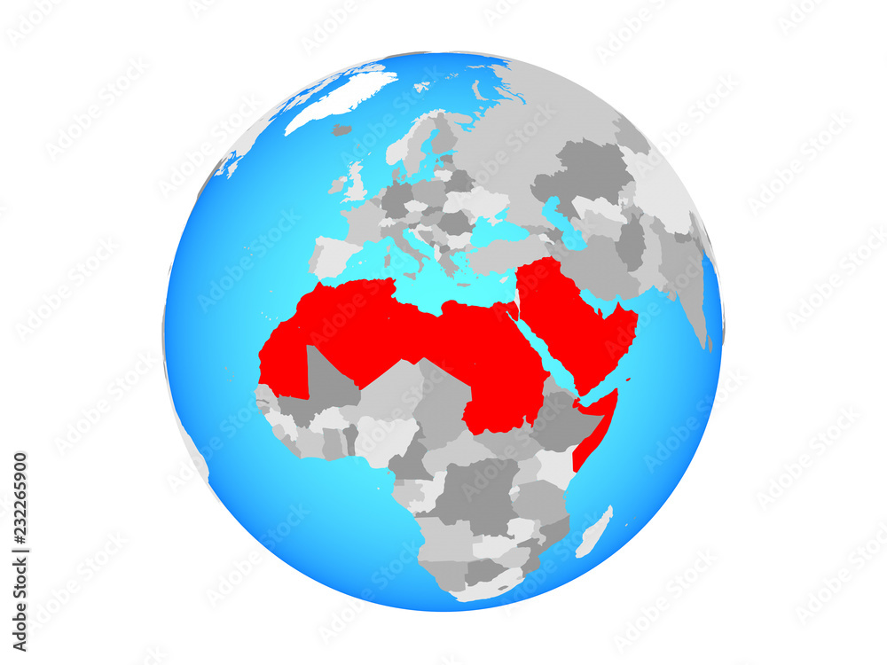 Arab League on blue political globe. 3D illustration isolated on white background.
