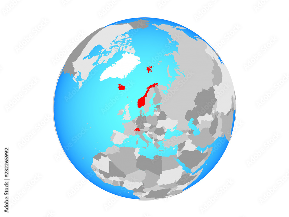EFTA countries on blue political globe. 3D illustration isolated on white background. EFTA countries on blue political globe. 3D illustration isolated on white background.