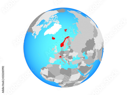 EFTA countries on blue political globe. 3D illustration isolated on white background.