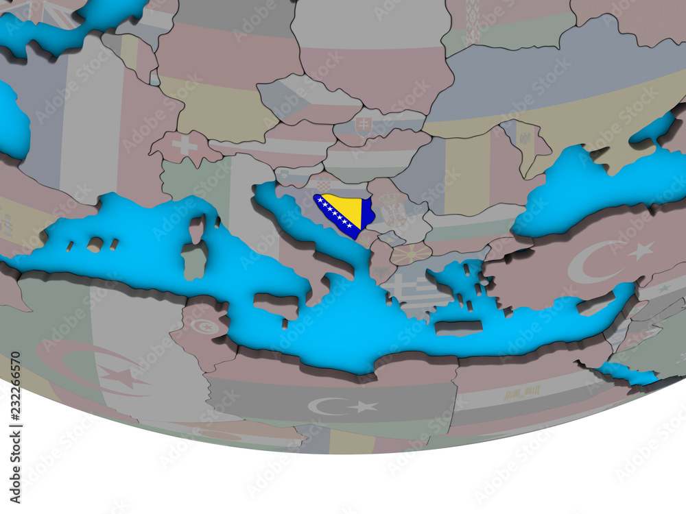 Bosnia and Herzegovina with embedded national flag on simple political 3D globe.