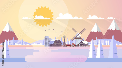 Winter Landscape In Sunset Background. Flat Vector Illustration

