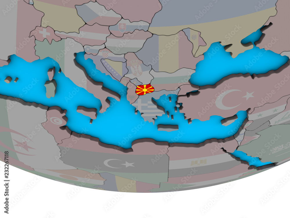 Macedonia with embedded national flag on simple political 3D globe.