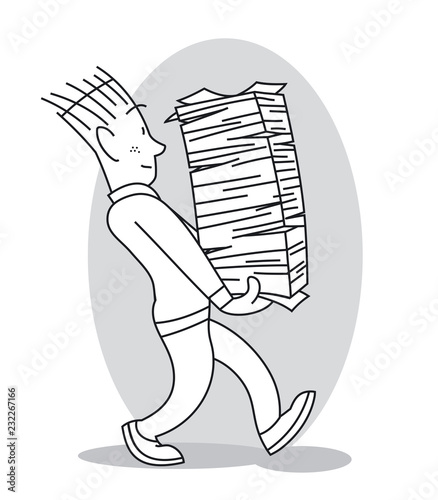Young man carries a large stack of papers