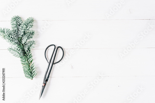 Elegant christmas minimal modern composition. Christmas background, pine cones, fir branches on wooden white background. Flat lay, top view, copy space © Foximi