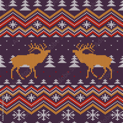 Christmas winter knitted woolen seamless pattern with red deer in snow-covered spruce forest