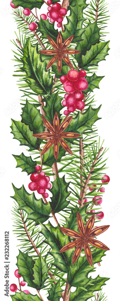 Seamless Border of Christmas Tree and Holly Seamless Border of Christmas Tree and Holly