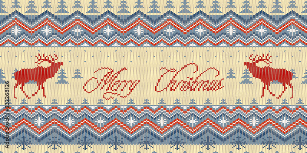 Merry Christmas. Winter knitted woolen seamless pattern with red deer in conifer forest Merry Christmas. Winter knitted woolen seamless pattern with red deer in conifer forest