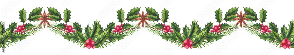 Seamless Festive Christmas Garland with Watercolor Holly
