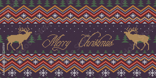 Merry Christmas. Winter knitted woolen seamless pattern with red deer in night spruce forest