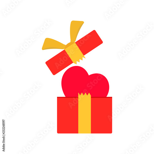 Open gift box with heart. Love logo, abstract concept, icon. Vector illustration on white background.
