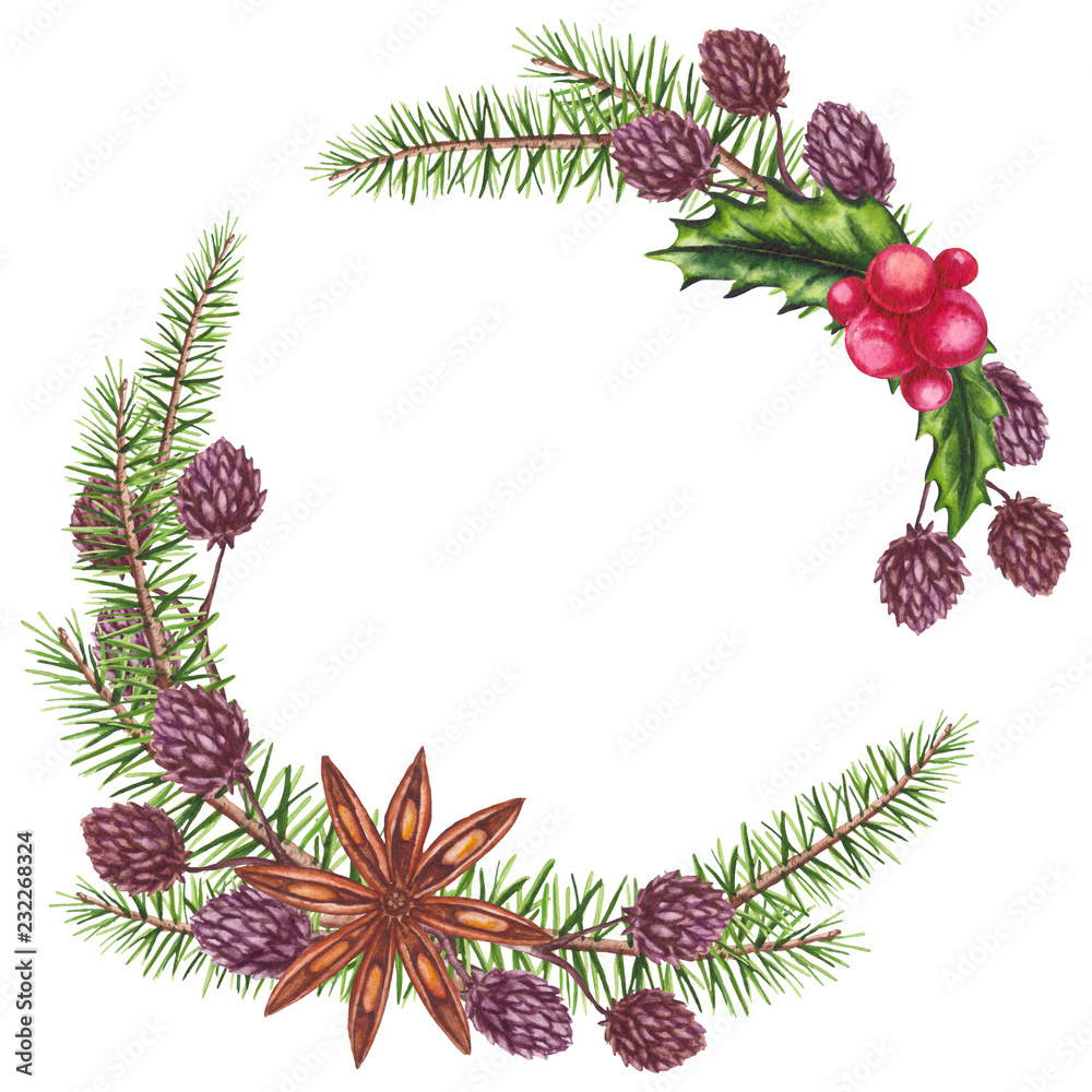 Watercolor Wreath with Cinnamon and Christmas Tree Watercolor Wreath with Cinnamon and Christmas Tree