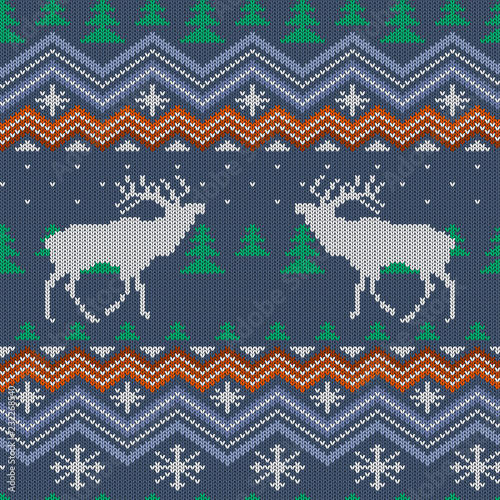 Winter knitted woolen seamless pattern with reindeer and Christmas trees