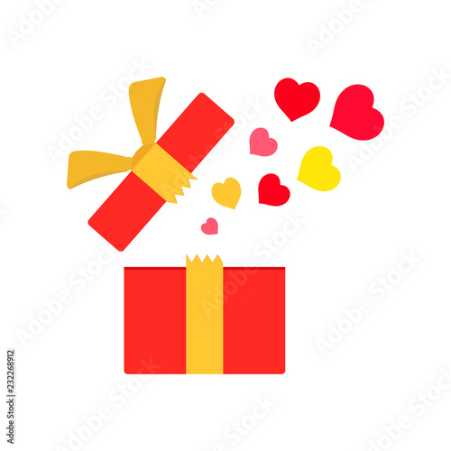 Open gift box with hearts. Love logo, abstract concept, icon. Vector illustration on white background.