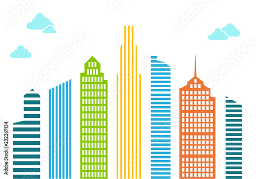 Bright tall houses of lines and stripes with blue clouds. Multicolored modern city. The center of the town - Vector illustration.