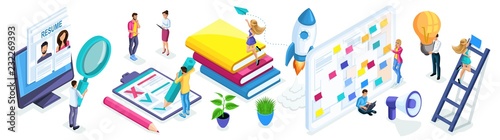 Isometric set of people and business icons on a white background. People in the process of work, job search, recruiting, creating ideas, beginning entrepreneurs