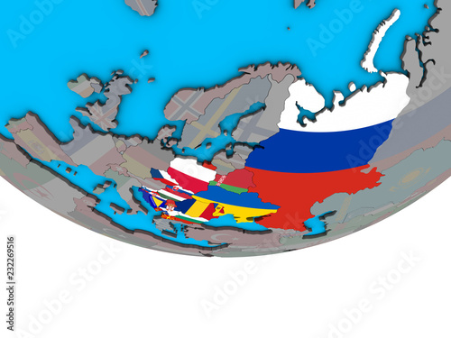 Eastern Europe with embedded national flags on simple political 3D globe.