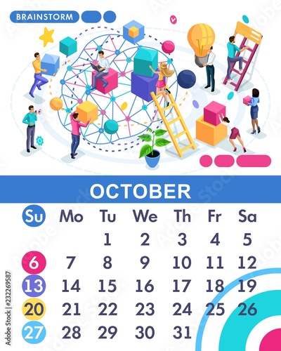 Isometric month October of the main calendar of 2019. The concept of brainstorming, employees develop a business strategy, the idea of development