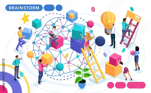 Isometric concept of teamwork, discussion of ideas, brainstorming. People in motion. Concepts for web banners and printed materials