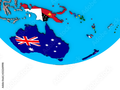 Australia with embedded national flags on simple political 3D globe.