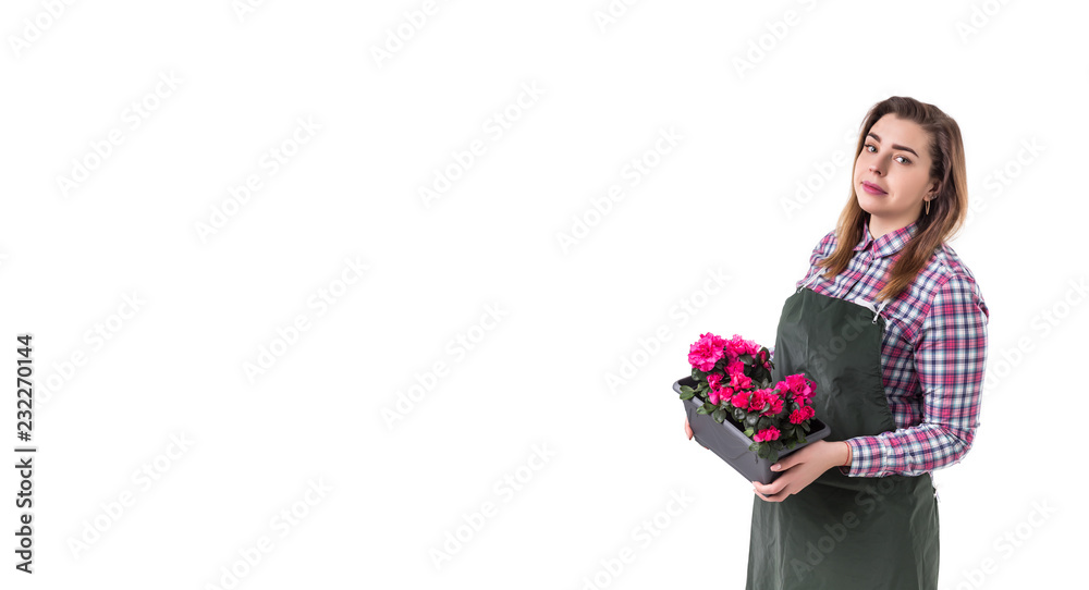 woman professional gardener or florist in apron holding flowers in a pot isolated on white background woman professional gardener or florist in apron holding flowers in a pot isolated on white background