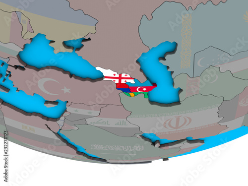 Caucasus region with embedded national flags on simple political 3D globe.