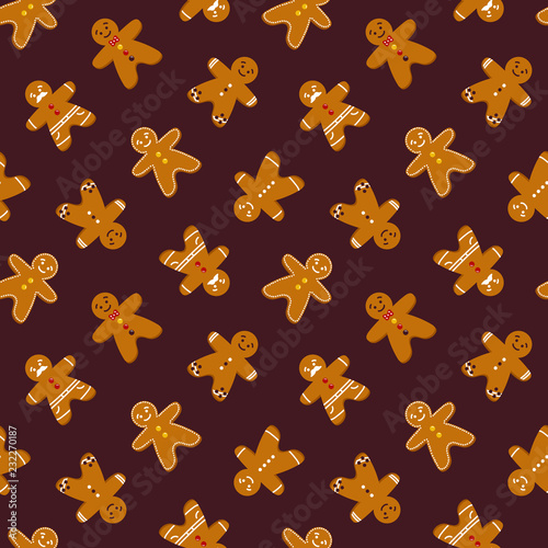 Cute cartoon gingerbread man, christmas traditional cookies seamless pattern background.
